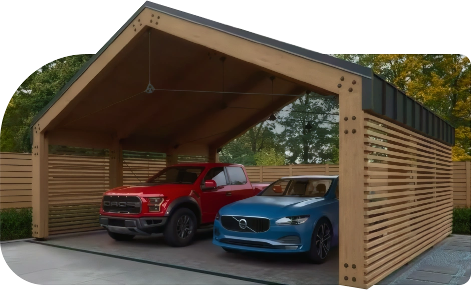 Moderní garážové stání s modrým a červeným autem uvnitř